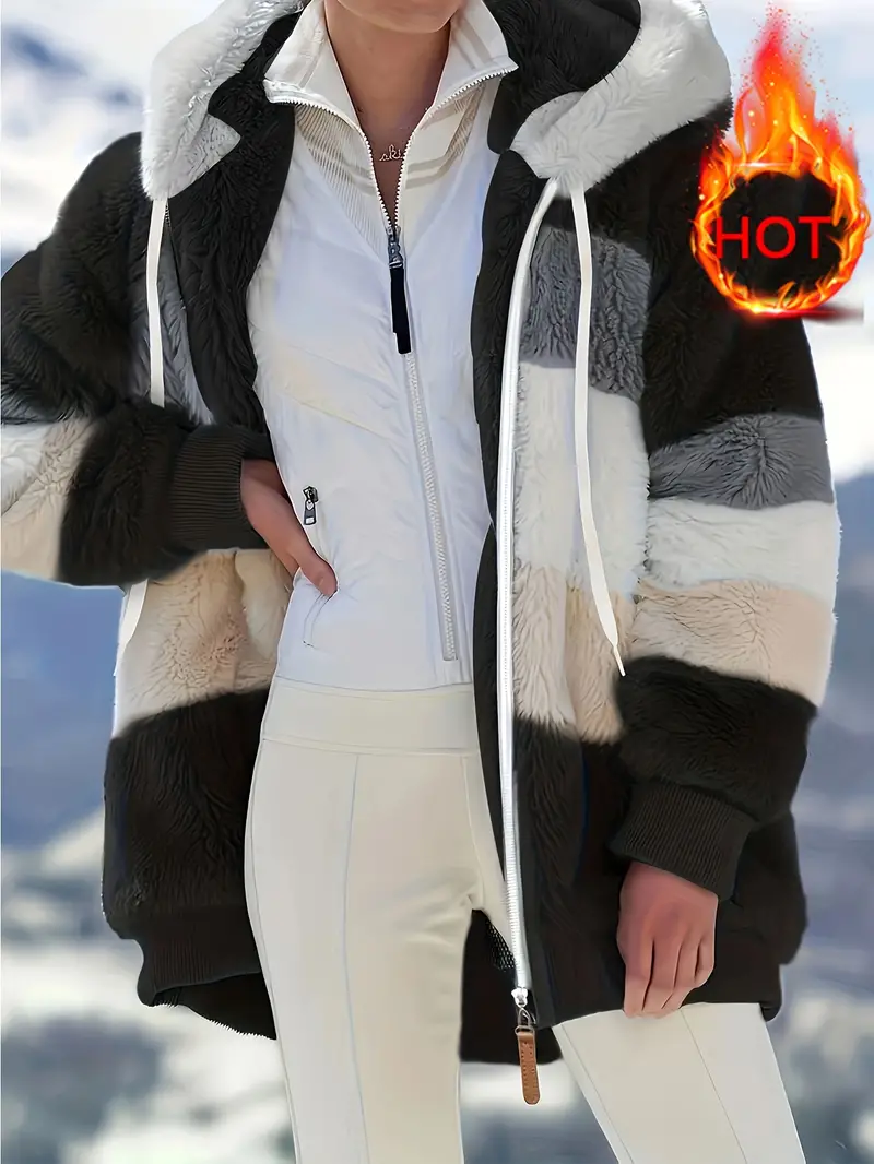 Fuzzy Color Block Coat, Casual Hooded Zip Up Drawstring Long Sleeve Outerwear, Women's Clothing