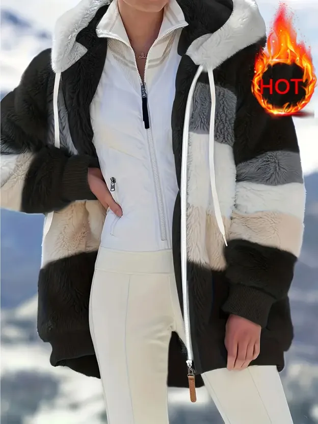 Fuzzy Color Block Coat, Casual Hooded Zip Up Drawstring Long Sleeve Outerwear, Women's Clothing