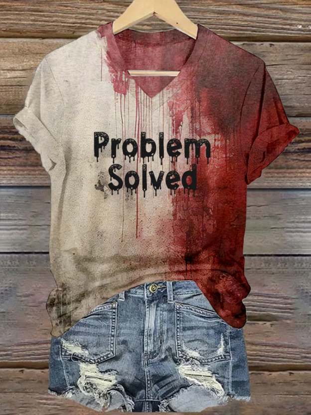 Women's Bloody Problem Solved Halloween Print V-Neck T-Shirt-POIULTD