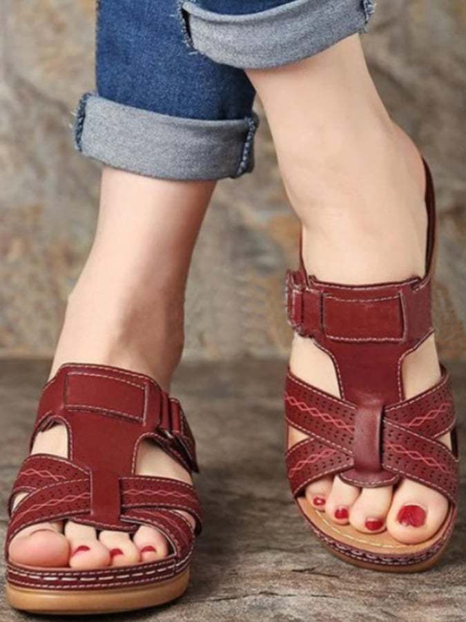 The Latter Slope Heel Hollow Slippers Female Casual One Kicking Sewing Slope And Striped Sand Slippers-POIULTD