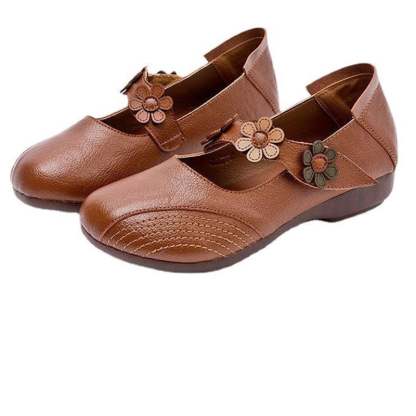 Women's Fall Retro Casual Floral Velcro Comfy Pumps Flat PU Leather Shoes-POIULTD