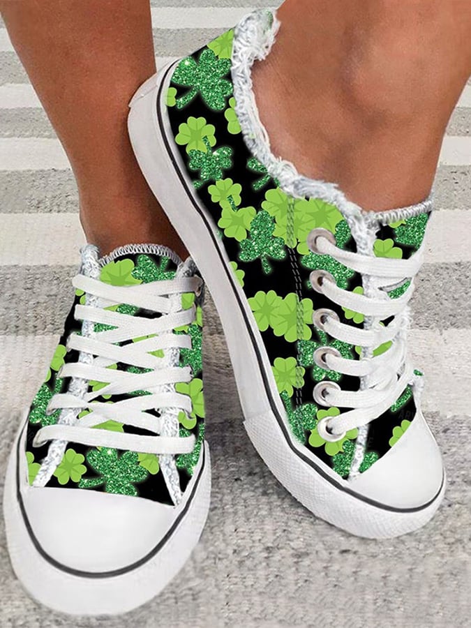 Women's Clover Print Raw Edge Canvas Shoes-POIULTD
