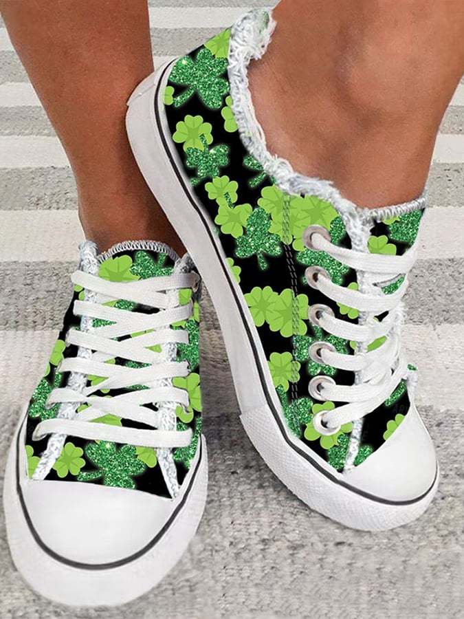 Women's Clover Print Raw Edge Canvas Shoes-POIULTD