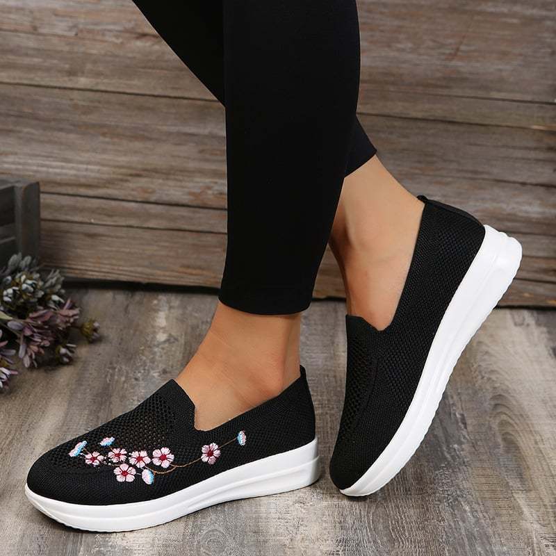 Casual Stretch Embroidery Flat Women's Flyknit Shoes-POIULTD