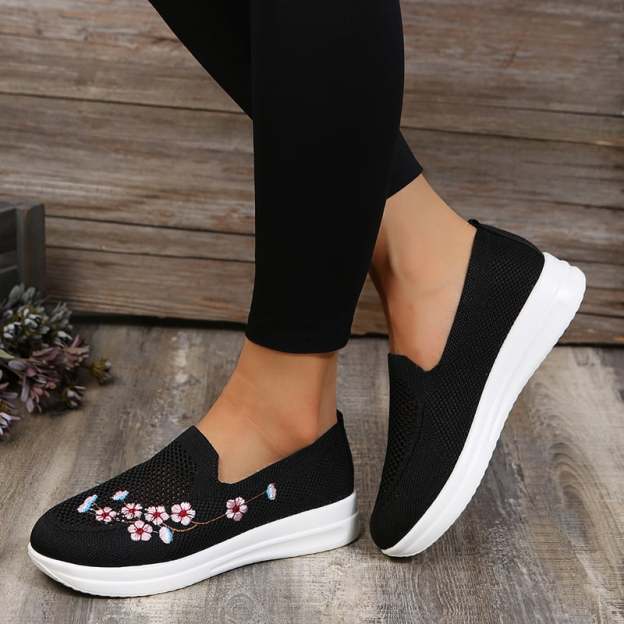 Casual Stretch Embroidery Flat Women's Flyknit Shoes-POIULTD