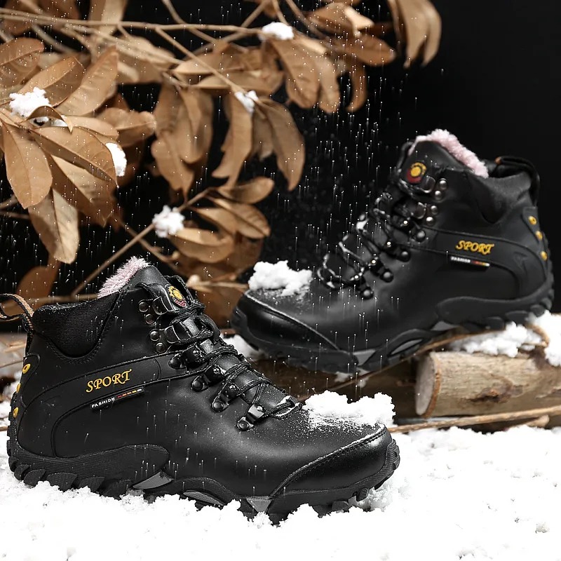 (⏰Limited Time Sale 69%off)Men's Genuine Leather Waterproof Hiking Boots Wide-Toe Warm Insulated Winter Ankle Boots-POIULTD