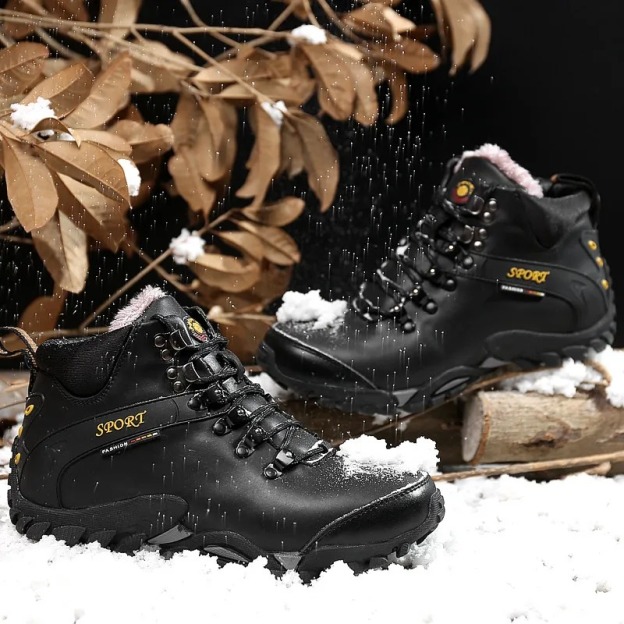 (⏰Limited Time Sale 69%off)Men's Genuine Leather Waterproof Hiking Boots Wide-Toe Warm Insulated Winter Ankle Boots-POIULTD