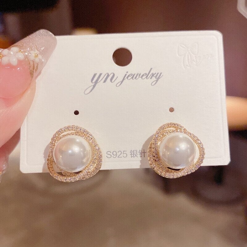 Zircon Wrapped Pearl Stud Earrings-POIULTD