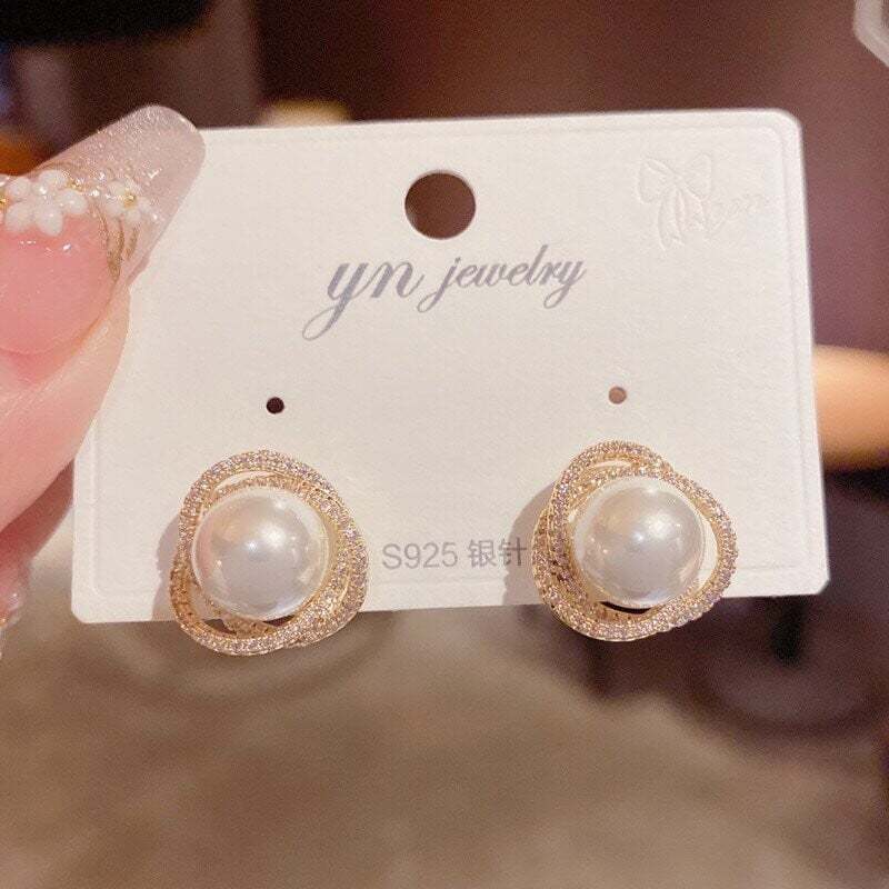 Zircon Wrapped Pearl Stud Earrings-POIULTD
