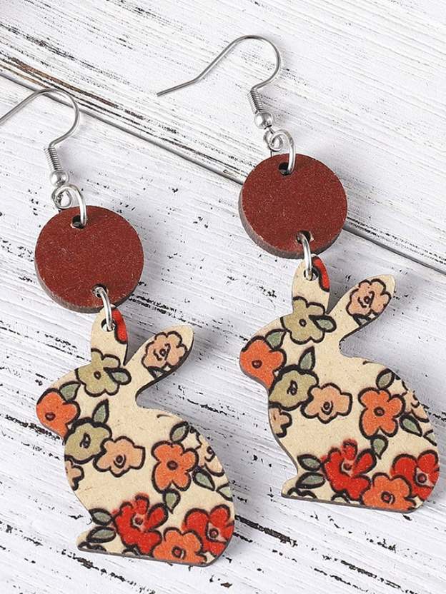 Easter Flower Bunny Reversible Wooden Earrings-POIULTD