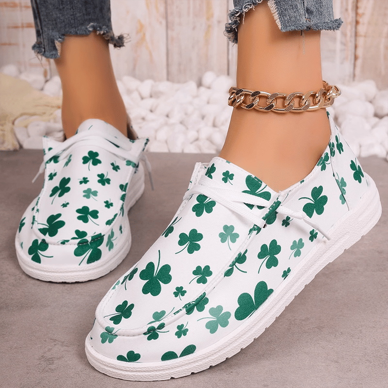 Women's Clover Print Flat Casual Canvas Shoes-POIULTD
