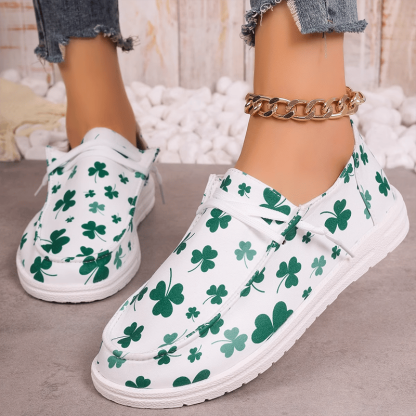 Women's Clover Print Flat Casual Canvas Shoes-POIULTD