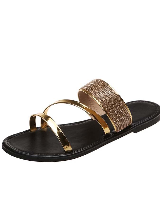 Flat -Bottom Slippers Female Round Head Sequin Rhinestone Light Slippers-POIULTD