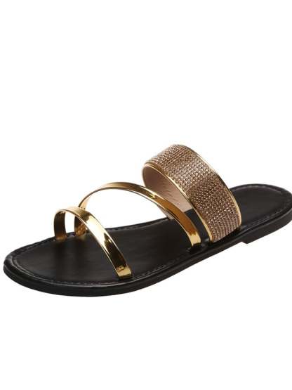 Flat -Bottom Slippers Female Round Head Sequin Rhinestone Light Slippers-POIULTD