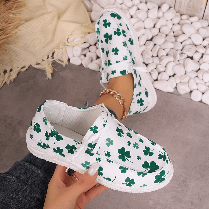 Women's Clover Print Flat Casual Canvas Shoes-POIULTD