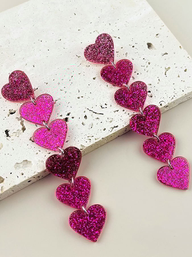 Women's Valentine's Day Glitter Heart Extra Long Pendant Design Versatile Fashion Earrings-POIULTD