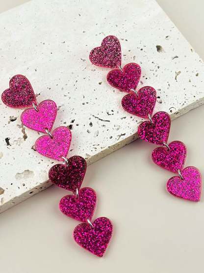 Women's Valentine's Day Glitter Heart Extra Long Pendant Design Versatile Fashion Earrings-POIULTD