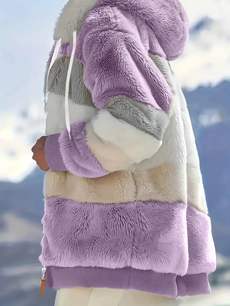 Fuzzy Color Block Coat, Casual Hooded Zip Up Drawstring Long Sleeve Outerwear, Women's Clothing