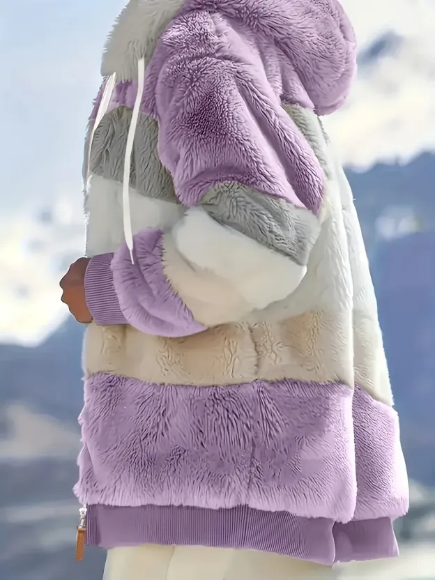 Fuzzy Color Block Coat, Casual Hooded Zip Up Drawstring Long Sleeve Outerwear, Women's Clothing