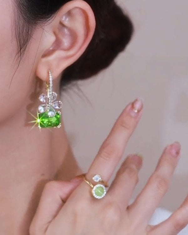 Green Flower Crystal Earrings-POIULTD