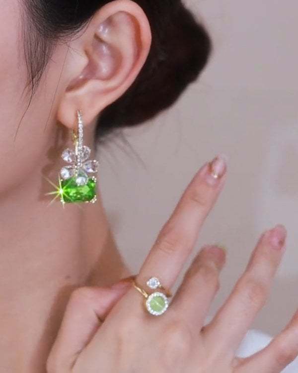 Green Flower Crystal Earrings-POIULTD