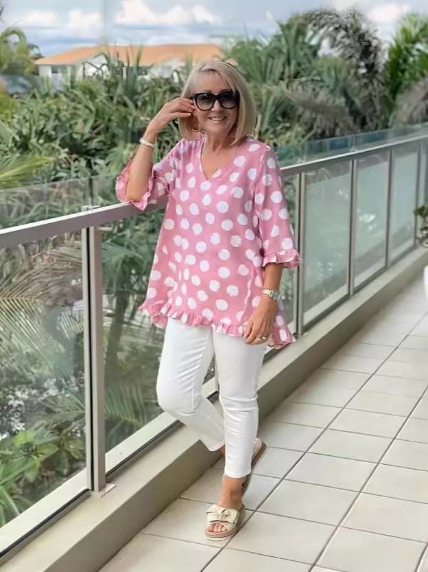 🔥-V-neck printed cotton top-POIULTD