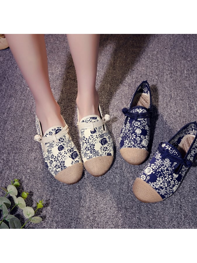 Printing And Dyeing Orchid Cloth Shoes Single Shoes Ethnic Wind Buckle The Bottom Beijing Female Cloth Shoes-POIULTD
