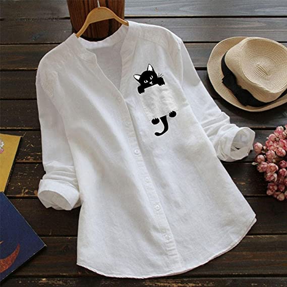 🔥V-neck Cotton And Cat Print Long Sleeve Blouse-POIULTD