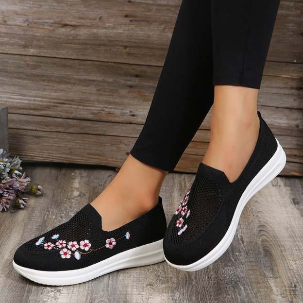 Casual Stretch Embroidery Flat Women's Flyknit Shoes-POIULTD