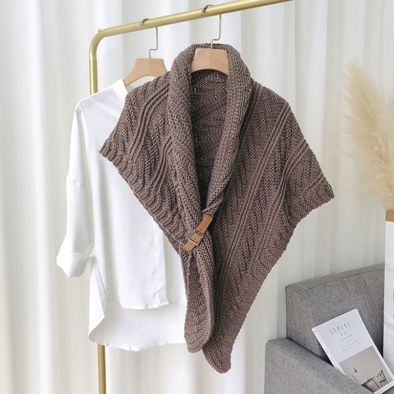 Knitted Triangle Shawl with Leather Buckle-POIULTD
