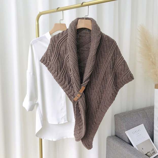 Knitted Triangle Shawl with Leather Buckle-POIULTD