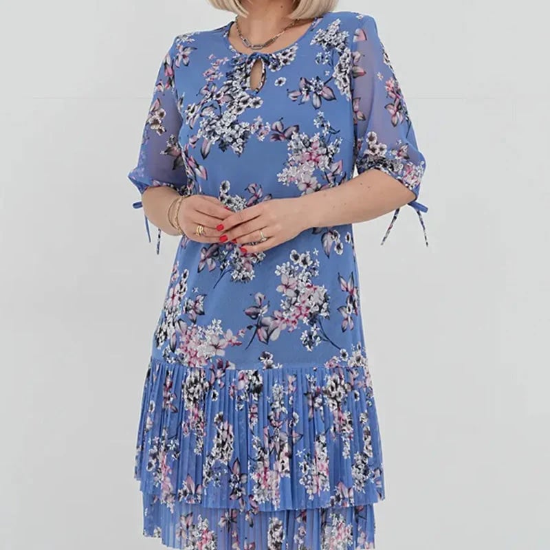 🌹Elegant chiffon long pleated dress with short sleeves-POIULTD