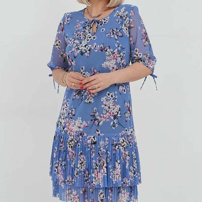 🌹Elegant chiffon long pleated dress with short sleeves-POIULTD