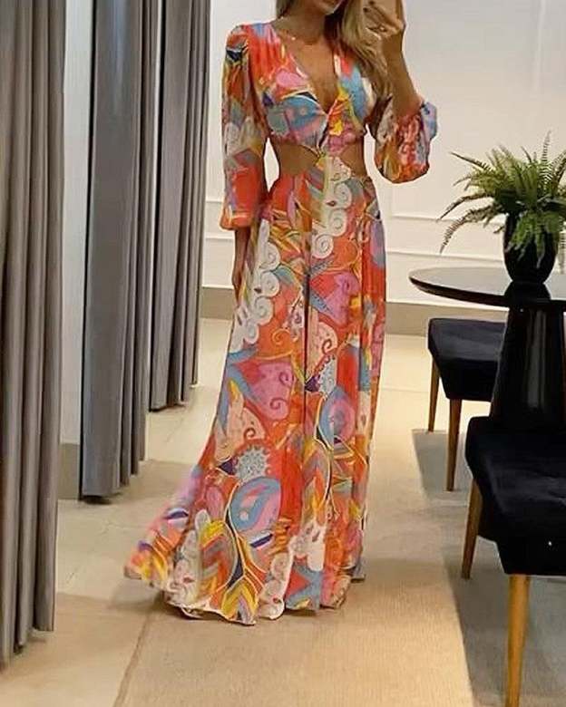 Long Sleeve Print Cutout Dress-POIULTD