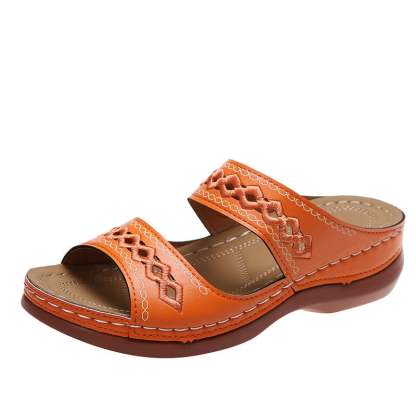Retro Anti Slip Round Toe Sloping Heel Comfortable Women'S Slippers-POIULTD