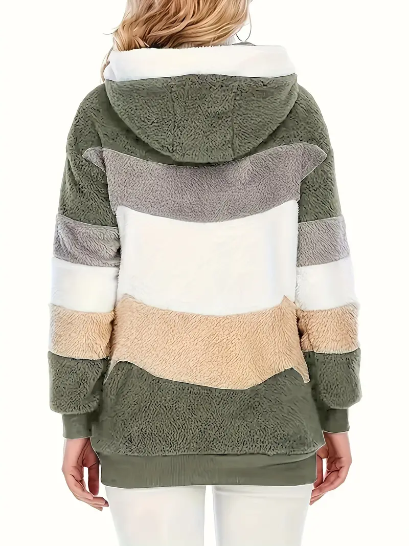 Fuzzy Color Block Coat, Casual Hooded Zip Up Drawstring Long Sleeve Outerwear, Women's Clothing