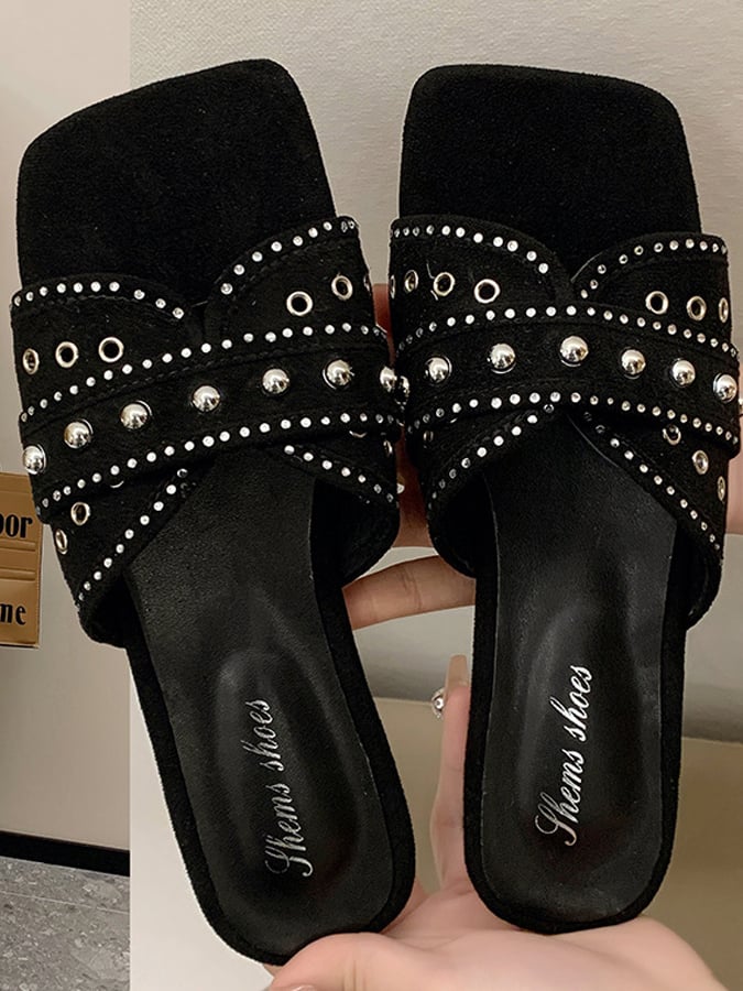Slipper Female Denim Rhinestone Rivet Flat Beach Sandals Simple Outer Outer Leisure And Sand Slippers-POIULTD