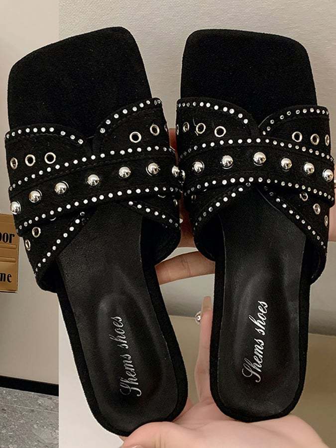 Slipper Female Denim Rhinestone Rivet Flat Beach Sandals Simple Outer Outer Leisure And Sand Slippers-POIULTD