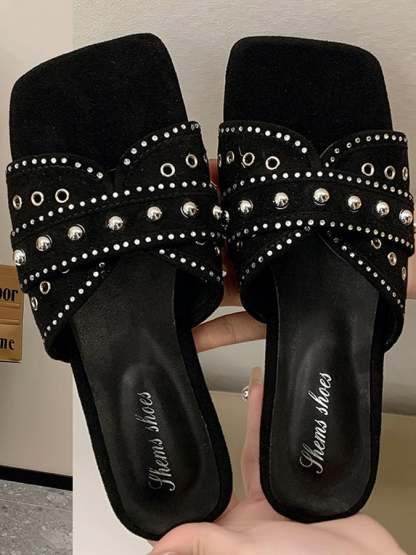 Slipper Female Denim Rhinestone Rivet Flat Beach Sandals Simple Outer Outer Leisure And Sand Slippers-POIULTD