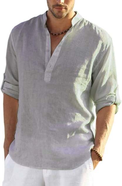 2024 Men's Cotton Linen Henley Shirt Long Sleeve Hippie Casual Beach T Shirts-POIULTD