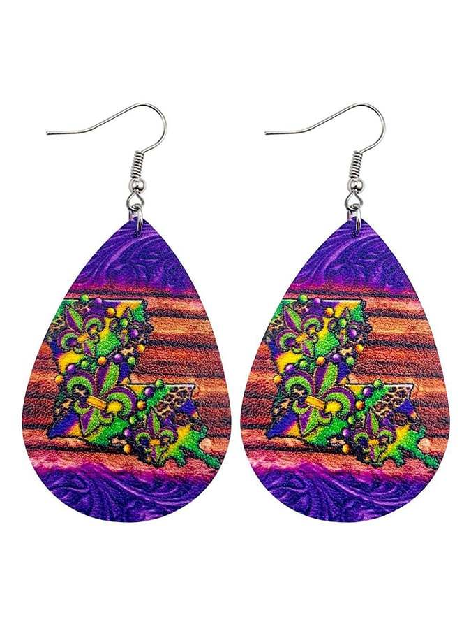 European And American Carnival Three-Layer Leather Shiny Leaf-Shaped Earrings-POIULTD