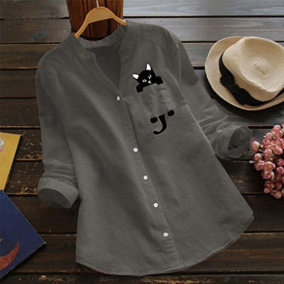🔥V-neck Cotton And Cat Print Long Sleeve Blouse-POIULTD