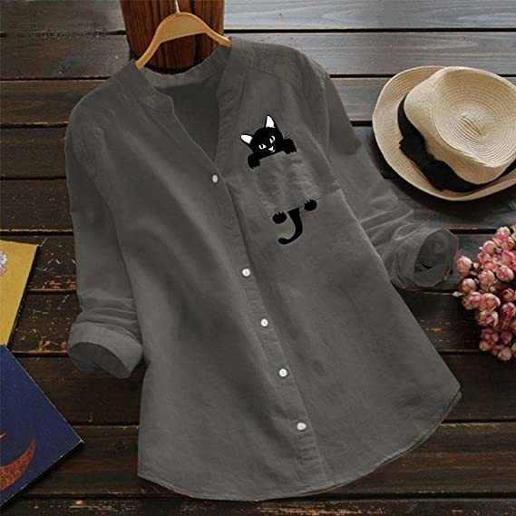 🔥V-neck Cotton And Cat Print Long Sleeve Blouse-POIULTD