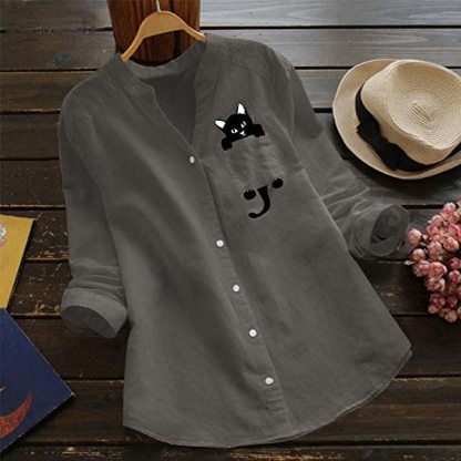 🔥V-neck Cotton And Cat Print Long Sleeve Blouse-POIULTD