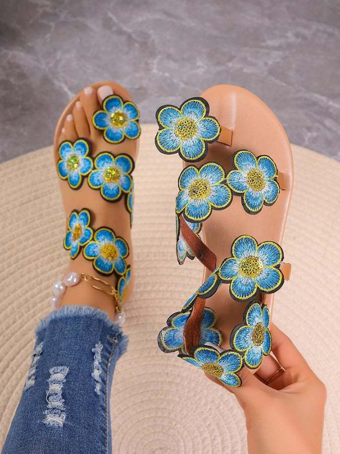 Women's Bohemian Flat Toe Colorful Flower Sandals-POIULTD