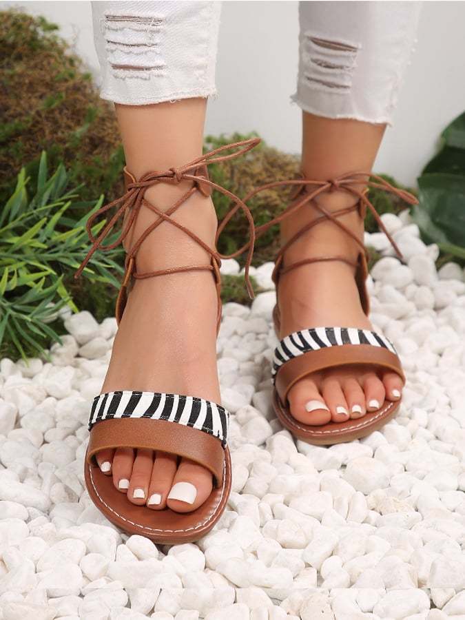 Flat -Bottom Sandals Women's Summer Zebra Tattoos Strap Straps Are Wild Casual Roman Women's Shoes-POIULTD