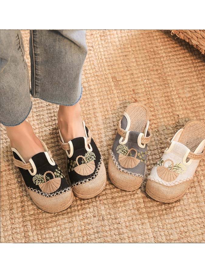 New National Style Women's Embroidered Shoes Can Wear Flat Slippers Linen Linen Midsole Women's Singles Shoes-POIULTD