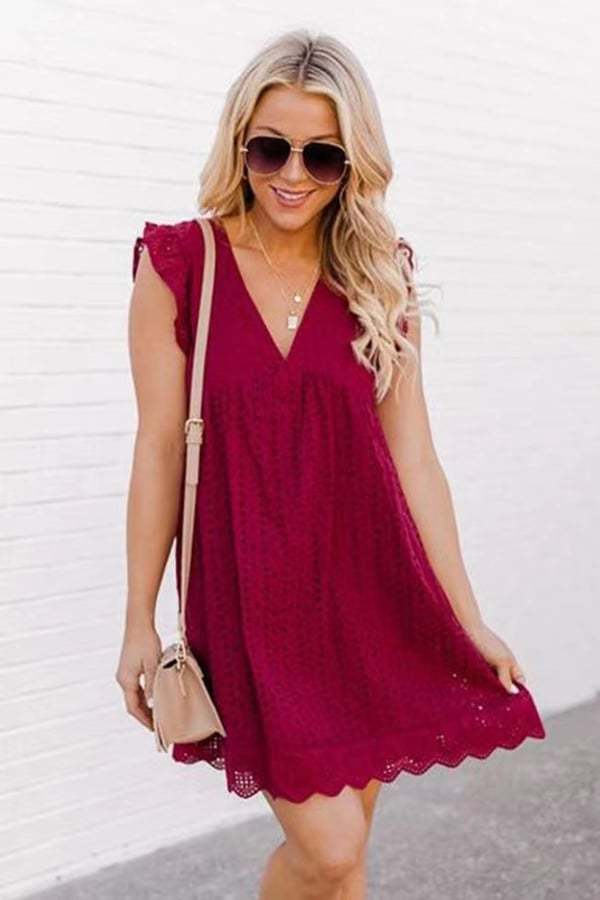 💖summer V-neck short-sleeved hollow lace dress👗-POIULTD