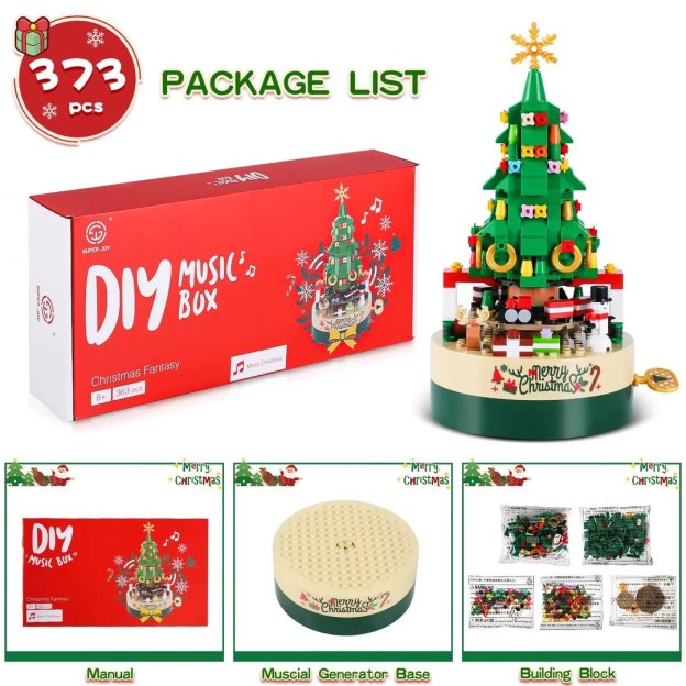 Christmas tree music box built with 361 building blocks