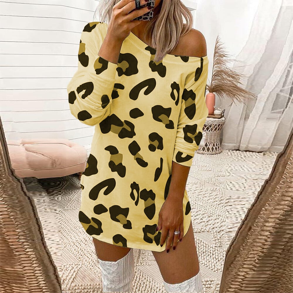 Leopard Print Off-the-shoulder Long-sleeved T-shirt-POIULTD